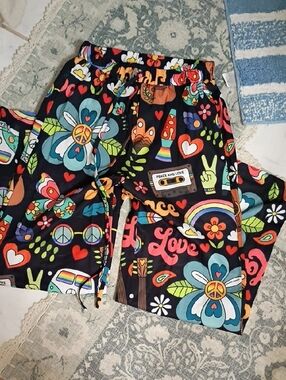 Silk Small Colorful Retro Peace & Love Lounge Pants